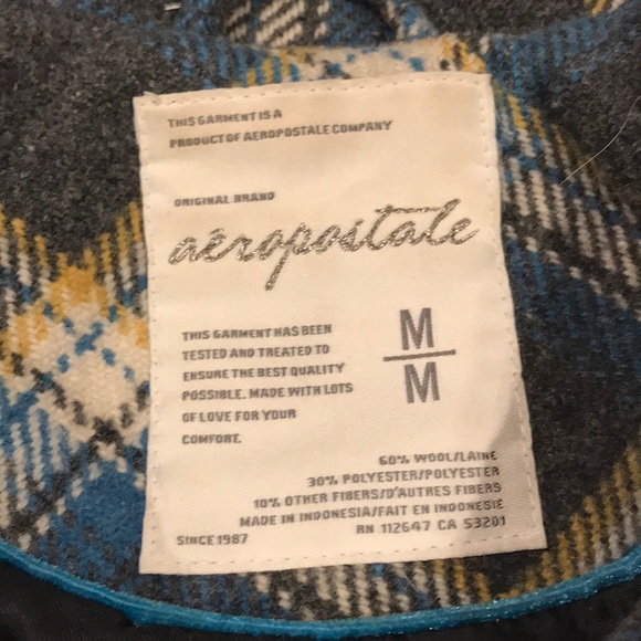 90’s Plaid Pea Coat Charcoal Cream Blue - Picture 3 of 4